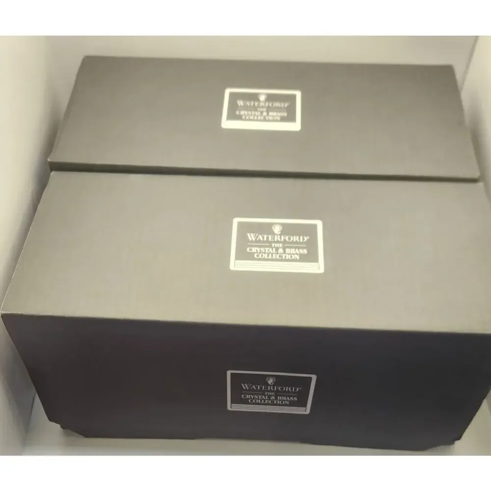 Waterford Lismore Crystal & Brass Hurricane Candle Holders Pair w/Original Boxes
